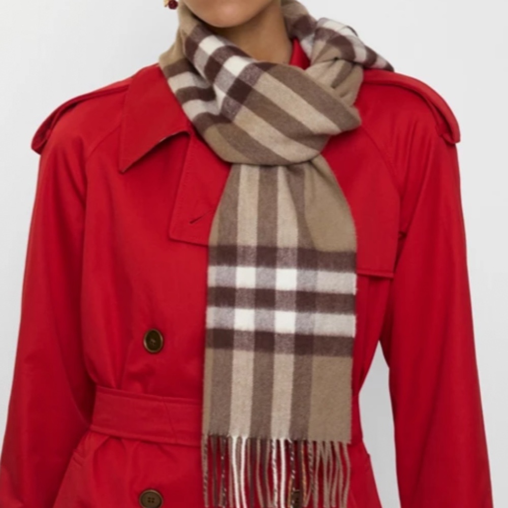 BURBERRY Check Lambswool Scarf  in Cream and Taupe - Picture 5 of 5